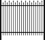 Graphic of the citadel 2 rail finial fence. It has pickets of alternating height that are topped with spearhead-shaped finials, and a rail near the top and bottom.