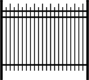 Graphic of the citadel 3 rail alt fence. It has pickets of alternating height and two rails near the top and one near the bottom.