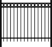 Graphic of the dominion 3 ring fence. It has a top rail, an intermediate rail near the top, and a rail near the bottom. In the sections between the pickets, top, and intermediate rails there is a decorative ring.