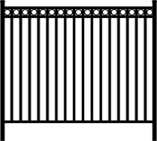 Graphic of the safegard 3 ring fence. It has a top, bottom, and intermediate rail placed near the top. In the sections between the pickets, top, and intermediate rails there is a decorative ring.