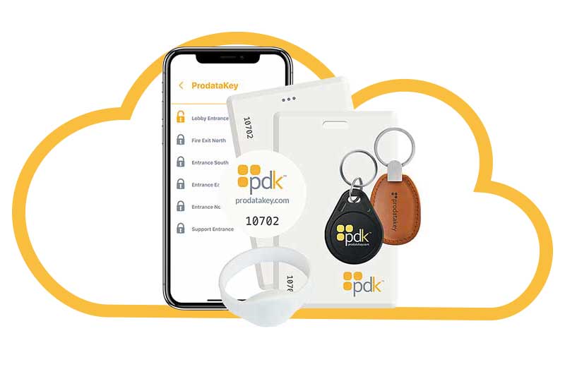 Image showing the credential options for ProdataKey including a mobile app, sticker, wristband, key fob, and rfid cards.